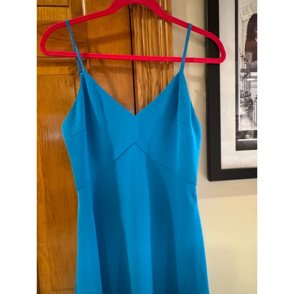 Alice + Olivia Teal Asymmetrical Midi Dress Size 6 Spaghetti Strap Fit Flare - Picture 4 of 10
